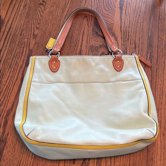 Coach Hallie Leather Colorblock Tote Bag Aqua Blue Lime Green J1294-22430 - Picture 2 of 12